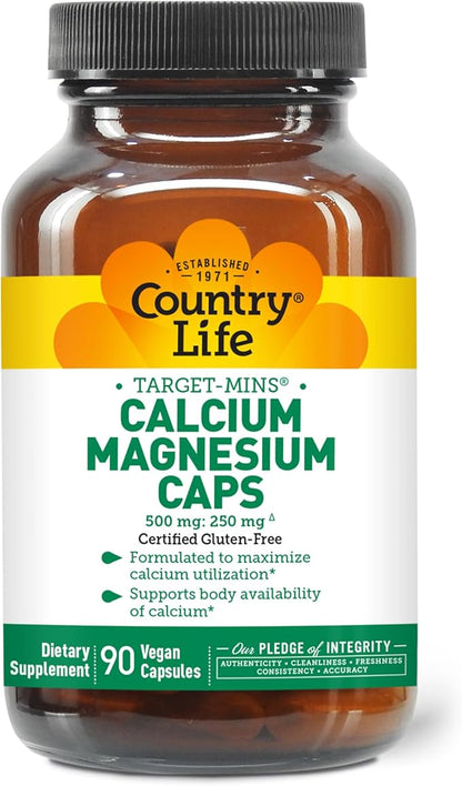 Country Life Target-Mins Calcium Magnesium Complex - 1000mg Calcium, 500mg Magnesium, Gluten-Free Supplement for Bone Health