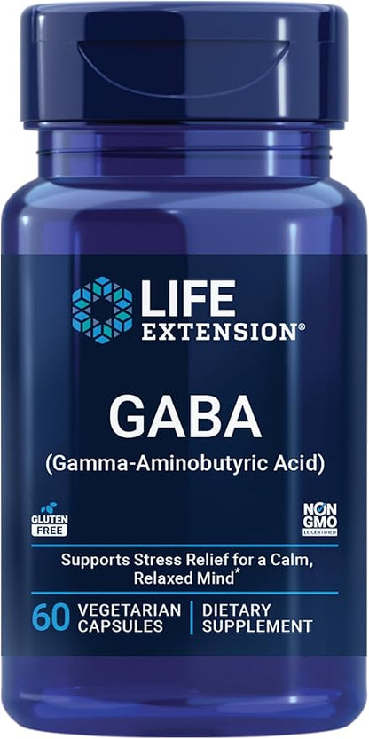Life Extension GABA, Stress Support, GABA Supplement, Mood Support, Sleep, Relaxation, Gluten-Free, Non-GMO, Vegetarian, 60 Capsules
