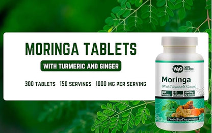 Moringa Tablets with Turmeric and Ginger, 300 Pills, 5 Month Supply, 150 Serving, 1000 Mg per Serving. One Capsule with Multiple Benefits - Supports Digestive Health(Pack of 2)