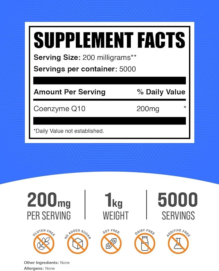 BulkSupplements.com Coenzyme Q10 Powder - CoQ10 Powder, Coenzyme Q10 200mg, CoQ10 Nutritional Supplements - Gluten Free, 200mg per Serving, 1kg (2.2 lbs)