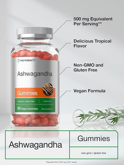 Horbaach Ashwagandha Gummies for Women and Men | 60 Count | Vegan, Non-GMO, Gluten Free Supplement | Tropical Flavor