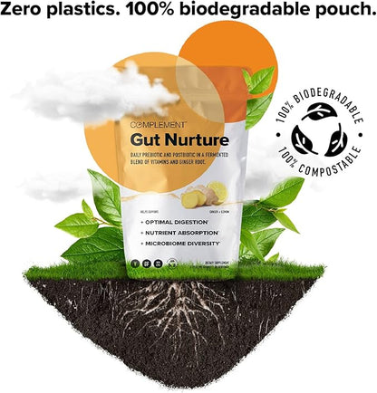 Complement Gut Nurture Prebiotic + Postbiotic Superfood Powder for Leaky Gut Repair, Probiotics for Digestive Health - Ginger Root - 30 Servings
