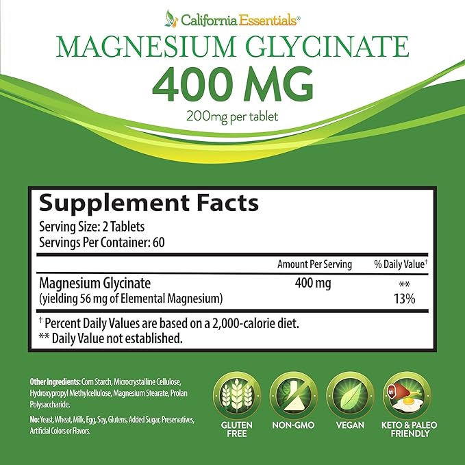 Magnesium Glycinate 400 - Chelated, High Absorption Magnesium for - Vegan, Non-GMO, Gluten-Free 120 Tablets (Servings 60, Serving Size (2) 200mg Tablets)