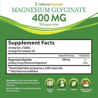 Magnesium Glycinate 400 - Chelated, High Absorption Magnesium for - Vegan, Non-GMO, Gluten-Free 120 Tablets (Servings 60, Serving Size (2) 200mg Tablets)