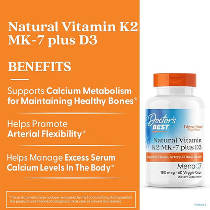 Doctor's Best Natural Vitamin K2 MK-7 Plus D3, Supports Tissue, Artery, & Bone Health, Non-GMO, Gluten Free, Soy Free, Vegetarian 60 Veggie Caps
