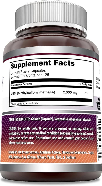 Amazing Formulas MSM (Methylsulfonylmethane) Supplement | 2000 Mg Per Serving | Capsules | Non-GMO | Gluten Free | Made in USA (1 Pack, 250 Count)