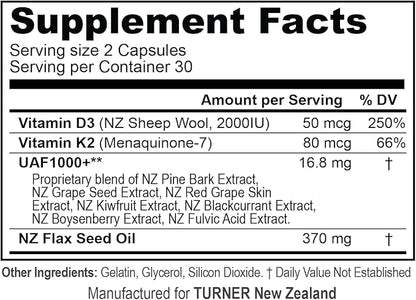 TURNER Vitamin D3 (2000IU) Plus K2 (80mcg), 2 in 1 Formula, Vitamin D3 Liquid with Vitamin K2, 60 Soft-Gels, Support Heart, Teeth & Joint Health, Easy to Swallow