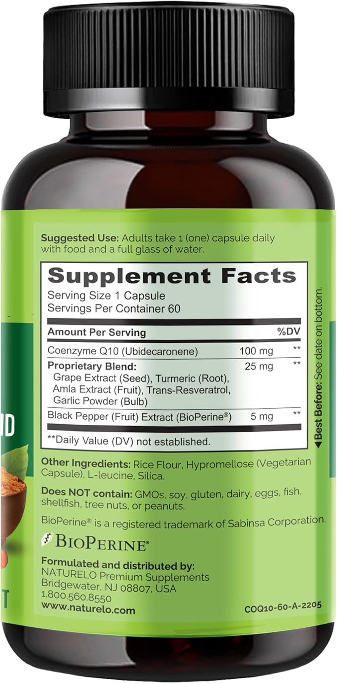 NATURELO Whole Food CoQ10 with Heart Health Blend, Powerful Antioxidant for Energy Production, 60 Capsules