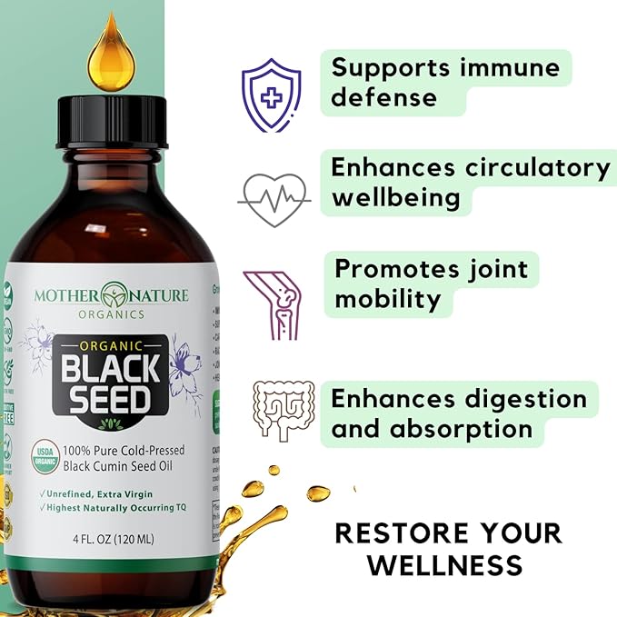 Mother Nature USDA Organic Black Seed Oil – Cold Pressed, Unrefined & Vegan Nigella Sativa, High Thymoquinone (2%+), Omega 3 6 9 for Immune, Joint & Heart Support, Hair & Skin, Non-GMO, 4oz