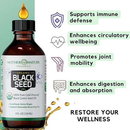 Mother Nature USDA Organic Black Seed Oil – Cold Pressed, Unrefined & Vegan Nigella Sativa, High Thymoquinone (2%+), Omega 3 6 9 for Immune, Joint & Heart Support, Hair & Skin, Non-GMO, 4oz