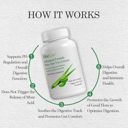 AloeCure Organic Aloe Vera Capsules, 130,000mg Inner Aloe Leaf Equivelant per Serving, Support Gut, Digestive, & Immune Health, Helps Maintain Balanced Stomach Acidity, Aloin Free, 30 Capsules