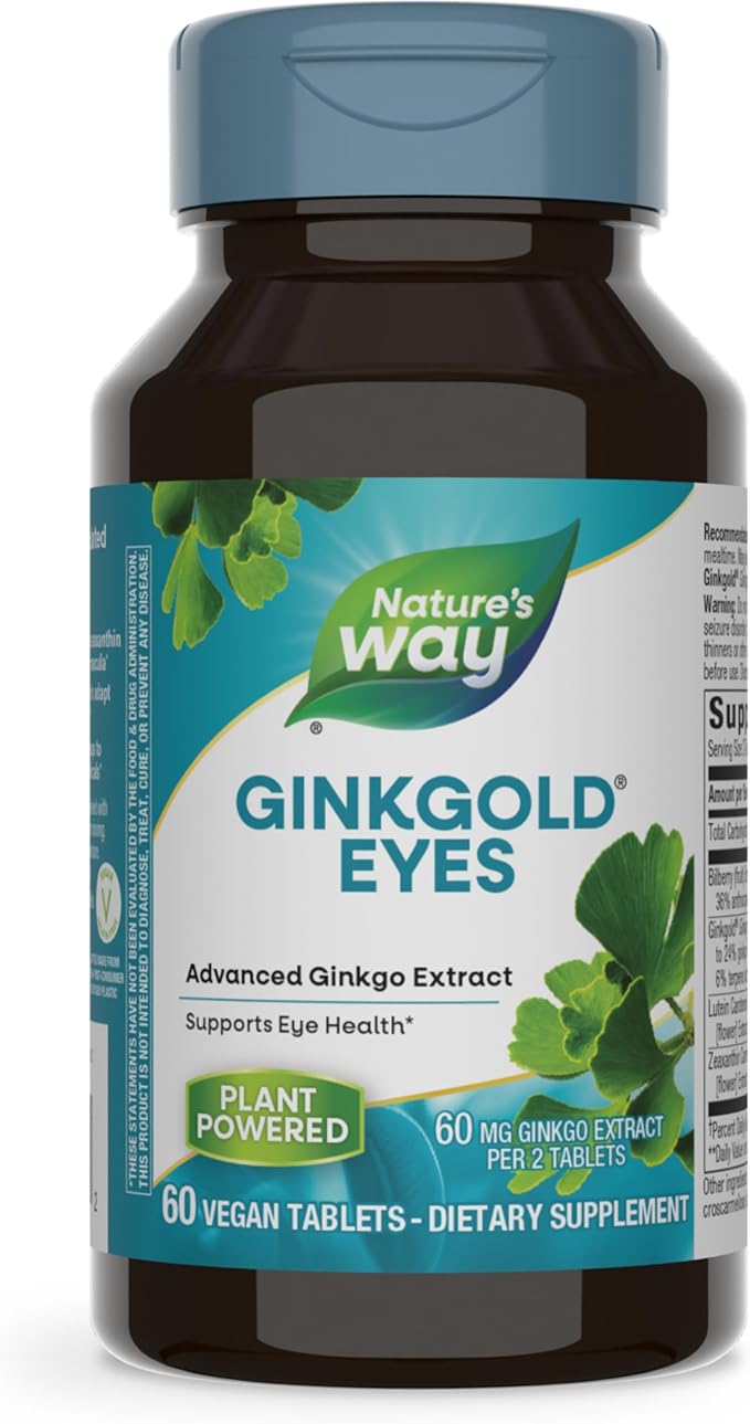 Nature's Way Ginkgold Eyes, Gingko Biloba Supplement for Adults, Supports Eye Health*, Gluten Free, 60mg Ginkgo Biloba Extract Per 2- Tablet Serving, 60 Tablets