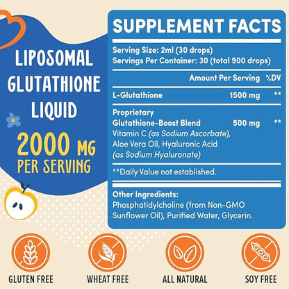 2000MG Liposomal Glutathione Liquid, 98% Absorption, Glutathione Liquid Supplement, Active Form L- Glutathione, Powerful Antioxidant Complex for Immune System, Aging Defense, Detox, 12 FL.OZ