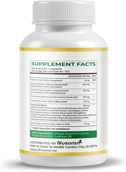 Premium Olive Leaf & Fruit - 13-in-1 with Rutin, Grape Seed, Astaxanthin, PQQ - Max Absorption - 150 Capsules - Made in The USA - Non-GMO, Gluten-Free, Lab Tested