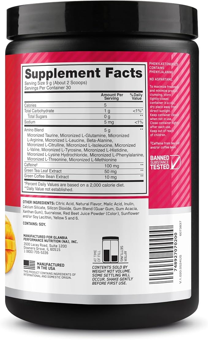 Optimum Nutrition New Flavor Amino Energy - Pre Workout with Green Tea, BCAA, Amino Acids, Keto Friendly, Green Coffee Extract, Energy Powder - Peach Mango Tango, 30 Servings (Packaging May Vary)
