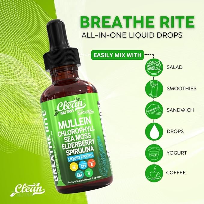 Clean Nutra Mullein Drops for Lungs Organic Chlorophyll Liquid Irish Sea Moss, Spirulina, Licorice, Tart Cherry Lobelia, Motherwort & Elderberry Mullein Leaf Extract Tincture Men Women Supplement