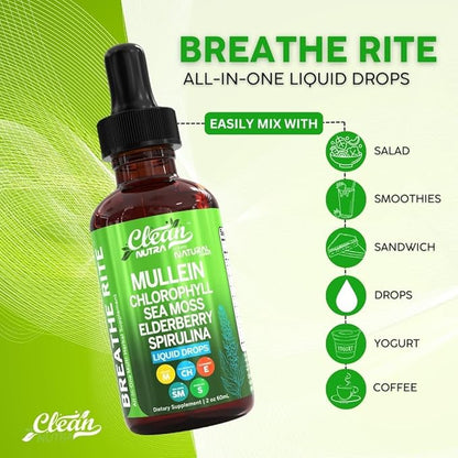 Clean Nutra Mullein Drops for Lungs Organic Chlorophyll Liquid Irish Sea Moss, Spirulina, Licorice, Tart Cherry Lobelia, Motherwort & Elderberry Mullein Leaf Extract Tincture Men Women Supplement