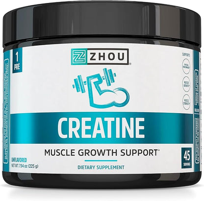 Zhou Nutrition Creatine Monohydrate Powder, Pure Unflavored Creatine Powder, Workout Recovery, Physical Performance Support, Vegan, Non-GMO, Gluten Free, Made Without Soy, 45 Servings