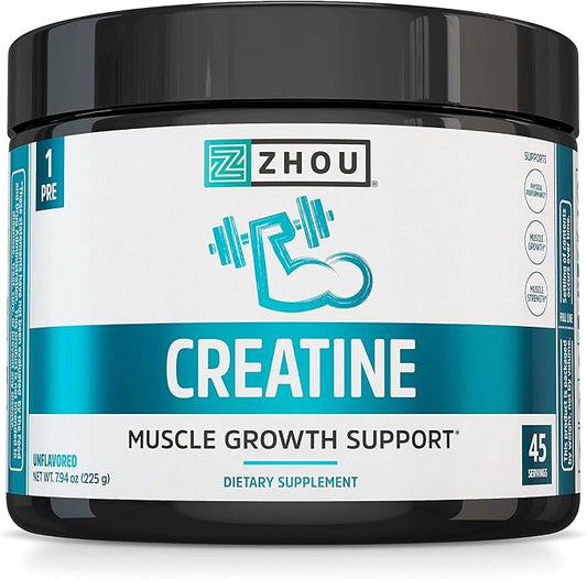 Zhou Nutrition Creatine Monohydrate Powder, Pure Unflavored Creatine Powder, Workout Recovery, Physical Performance Support, Vegan, Non-GMO, Gluten Free, Made Without Soy, 45 Servings