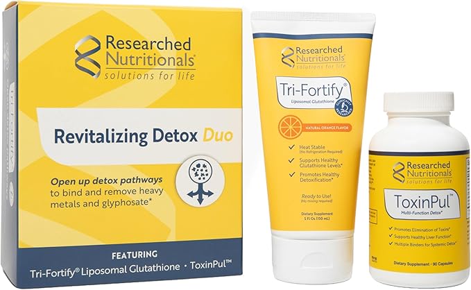 Researched Nutritionals Revitalized Detox Duo - for Immune Support, Liver Health or A Full Body Detox Cleanse - Tri-Fortify Orange Liposomal Glutathione (450mg) Liquid & ToxinPul (2 Piece Set)