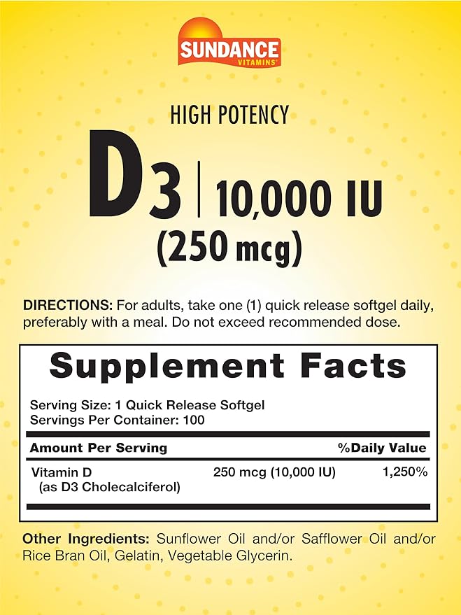 Sundance Vitamin D3 10,000 IU (250 mcg) | 100 Softgels | High Potency Formula | Non-GMO and Gluten Free Supplement