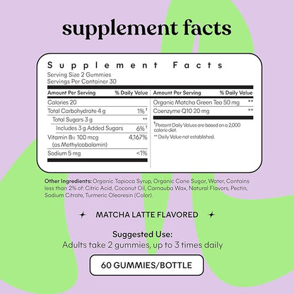 Lemme Matcha Superfood Energy Gummies with Organic Matcha Green Tea, Vitamin B12 and Antioxidant CoQ10 to Support Cellular Energy, Metabolism & Healthy Skin - Gluten Free, Non GMO (60 Count)