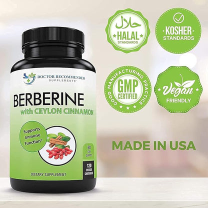 Berberine with Ceylon Cinnamon - 1200mg Berberine & 100mg Organic Ceylon Cinnamon - 120 Veggie Capsules, Healthy Immune System Cardiovascular Heart & Gastrointestinal Wellness (Pack of 2)