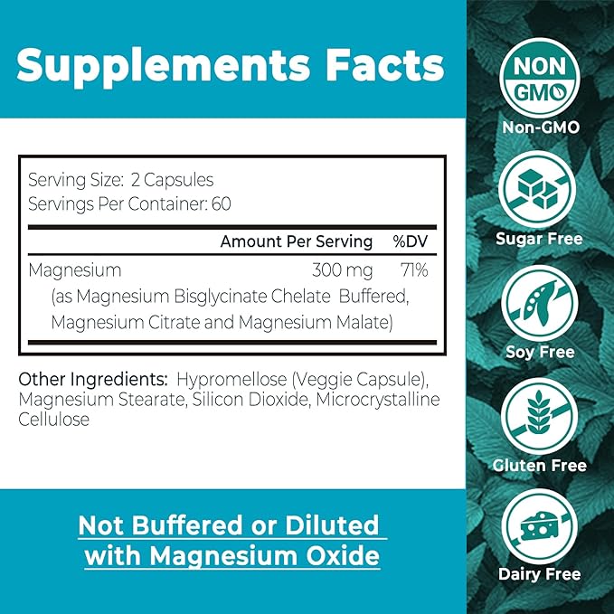Triple Magnesium Complex Supplement,300mg of Magnesium Glycinate, Malate & Citrate for Muscles, Nerves, & Energy, High Absorption, 120 Vegan Capsules，Non-GMO USA Made