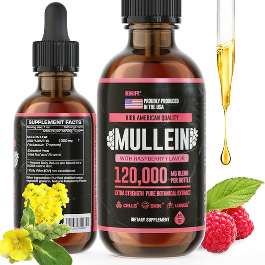 HERBIFY Mullein Drops - Lung Cleanse - Leaf Extract - Powerful Mullein for Immune Support, Detox & Respiratory Support - Made in USA - 4 Oz Raspberry Flavor