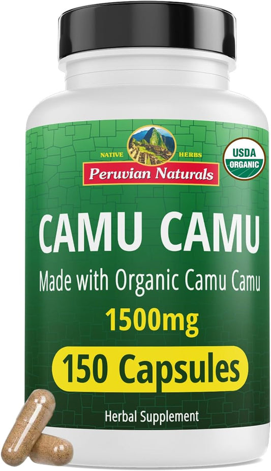 Peruvian Naturals Organic Vitamin C from Camu Camu Capsules 1,500mg per Serving - 150 Vegan Pills, Natural Whole Food VIT C, from Raw Berry Organic, Non-GMO Supplement