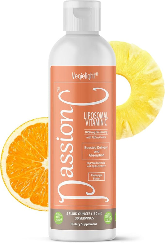 PassionC Liquid Liposomal Vitamin C 1000mg - Improved Formula with Lipid-Protect - True Encapsulation and Micronized for Superior Absorption, Great Pineapple Taste, non GMO - 30 Servings