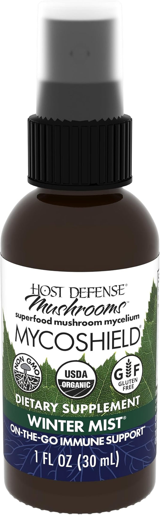 Host Defense MycoShield Throat Spray - Immune Health Support - Dietary Mushroom Supplement with Chaga, Reishi, Turkey Tail & More - On-The-Go Immune Support - Winter Mist, 1 fl oz (71 Servings)*