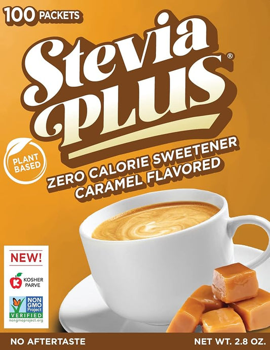 SweetLeaf Stevia Plus Powder Packets- Zero Calorie Sweetener with Stevia Leaf Extract, No Artificial Sweetener Additive, Sugar Free, Keto Friendly, Non GMO, Gluten Free- Caramel, 100 Count (Pack of 1)