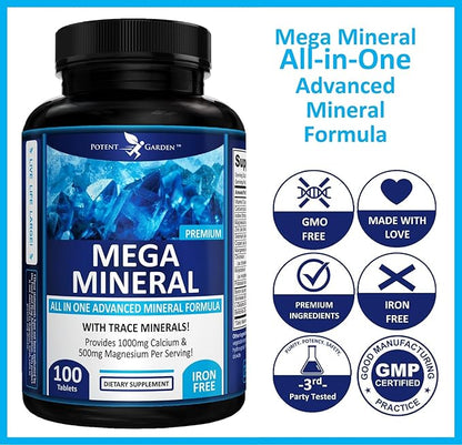 Potent Garden Mega Mineral Supplement Complete Mineral Complex with Calcium Magnesium Zinc Potassium Boron Selenium Chromium & 72 Trace Minerals Iron Free Calcium Supplement -100 Pills