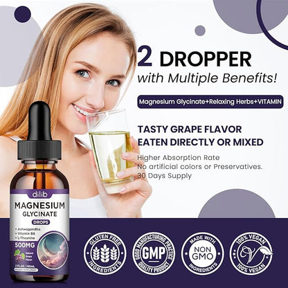 Magnesium Glycinate Liquid Drops 500mg, with Vitamin B6, Ashwagandha, L - Theanine, Chamomile, Magnesium Glycinate Supplement High Absorption for Sleep, Stress, Energy, Mood - Grape Flavor, 2 FL.OZ