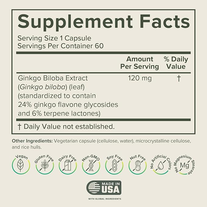 Prominent Nutrition Ginkgo Biloba 120mg - Ginkgo Biloba Leaf Extract, Herbal Supplements to Help Support Memory & Focus- Vegan, Non-GMO, Gluten-Free, Soy-Free, 60 Day Supply