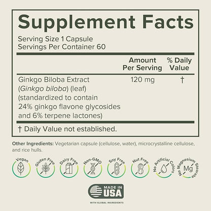Prominent Nutrition Ginkgo Biloba 120mg - Ginkgo Biloba Leaf Extract, Herbal Supplements to Help Support Memory & Focus- Vegan, Non-GMO, Gluten-Free, Soy-Free, 60 Day Supply