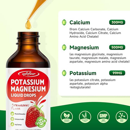 softbear Potassium Magnesium Liquid Drops, High Absorption Calcium Magnesium Potassium Liquid for Bone & Muscle Health Liquid Potassium and Magnesium Supplement Drops Strawberry Flavor 2 Fl Oz