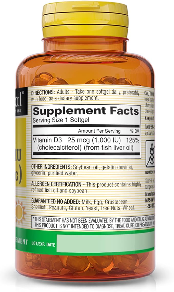 MASON NATURAL Vitamin D3 25 mcg (1000 IU) - Supports Overall Health, Strengthens Bones and Muscles, from Fish Liver Oil, 300 Softgels