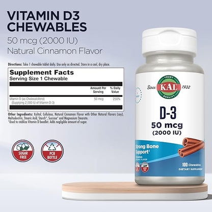 KAL Vitamin D3 Chewables 50 mcg, Vitamin D 2000 IU as Cholecalciferol, Sugar Free, Natural Cinnamon Flavor D3 Vitamin, Immune Support & Bone Health, 100 Servings, 100 Chewables
