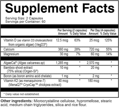 NatureCity True-Osteo Plant-Based Supplement for Bone Strength | AlgaeCal Calcium & Magnesium, Plant-Based Vitamin D3, Vitamin K2, Silicon| Gentle on Stomach (120 Veggie Capsules)