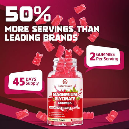 Magnesium Glycinate Gummies 1000mg - Sugar Free Magnesium Potassium Supplement with Vitamin D, B6, CoQ10 for Calm Mood & Sleep Support - 180 Raspberry Gummies.