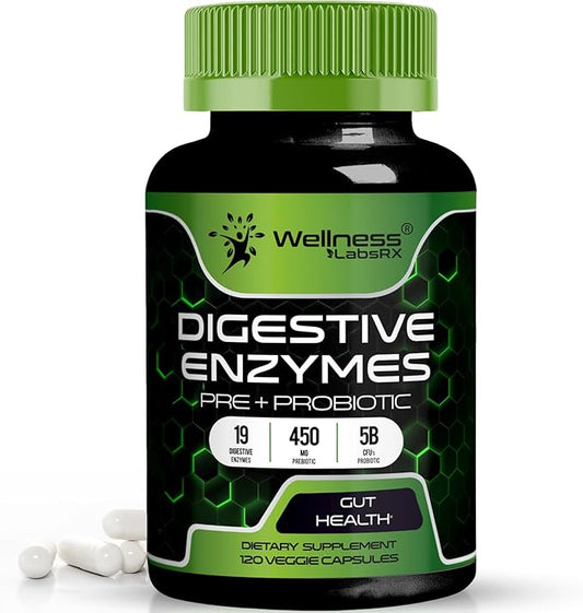 Digestive Enzymes with Probiotics and Prebiotics, 450mg, 5 Billion CFUs - Pure Super Digestion Capsules - Digestive Enzymes for Women & Men Support Digestion & Gut Health - 120 Count