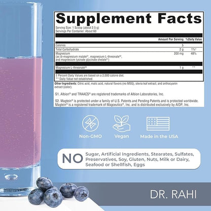 Magnesium Powder Supplement Made in USA MixedBerry 150g- Patented Magnesium L-Threonate Powder, Brain Support, Non-GMO Easy to Mix Magnesium Supplement Powder for Adults-Clear and Focused by Dr. Rahi