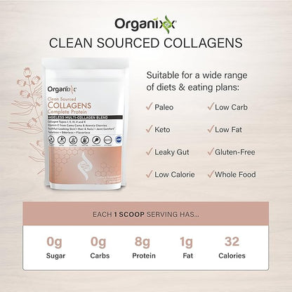 Organixx Collagen Peptides Powder with Vitamin C, Types I, II, III, V, X Hydrolyzed Collagen, Hair, Nail, Skin, Bone & Joint Health, Aging Support, Clean Sourced, Gluten Free, Unflavored, 30 Servings