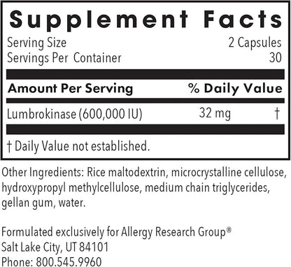 Allergy Research Group Lumbrokinase Supplement - Circulatory System Support, Supports Blood Circulation Already in The Normal Range - 60 Delayed Release Vegetarian Capsules