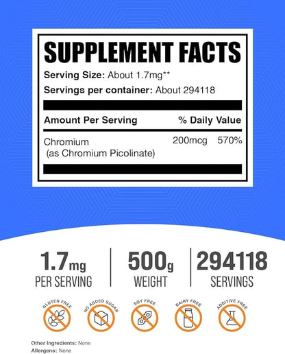 BulkSupplements.com Chromium Picolinate 200mcg Powder - Mineral Supplements - Gluten & Yeast Free, 200mcg of Chromium per Serving, 500g (1.1 lbs) (Pack of 1)