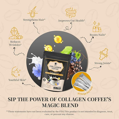 Instant Collagen Coffee with Vitamin C, B7, B9, Collagen Peptide Powder with Reseratrol, Carnosine for Hair Skin Nails Bones