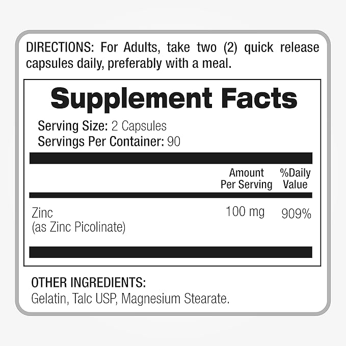 LAB | zinc supplements | zinc 100mg | Zinc Picolinate | Immune Support Supplement | 180 Capsules| zinc supplements | Ultra high Absorption.