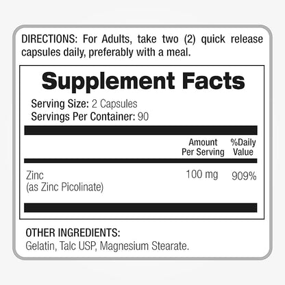 LAB | zinc supplements | zinc 100mg | Zinc Picolinate | Immune Support Supplement | 180 Capsules| zinc supplements | Ultra high Absorption.